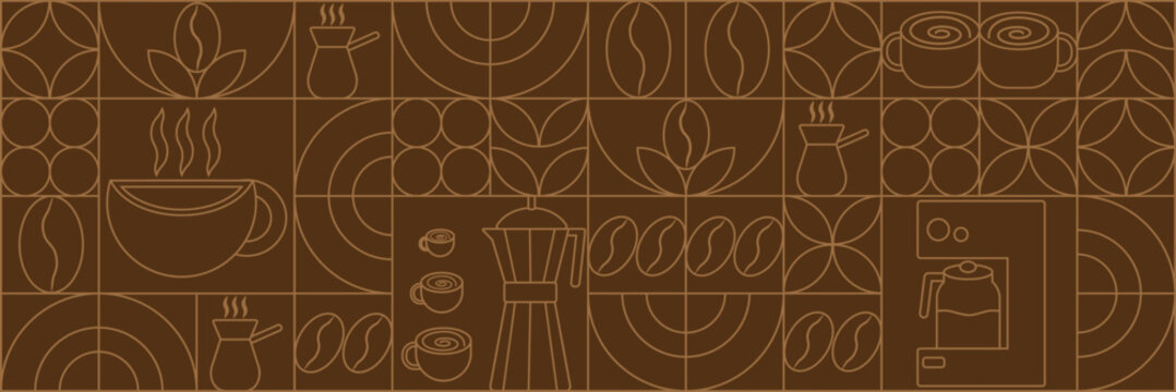 Geometric coffee pattern in minimalist style. Geometric line drawing. Abstract print background with simple shapes for coffee shop, food packaging, cafe wall, menu.