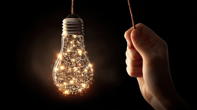 A hand pulls a cord to illuminate a light bulb filled with sparkling, glowing particles against a dark background.