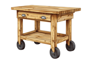 Rustic Wooden Kitchen Cart A charming butcher block island on wheels bringing warmth and on transparent background