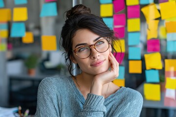A thoughtful woman with glasses sits in front of a wall covered in colorful sticky notes, appearing contemplative in a creative workspace.