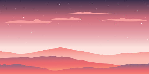 a landscape with silhouettes of mountains against a pink sky that gradually darkens to purple. Several clouds and stars are visible in the sky, creating the atmosphere of an evening sunset.
