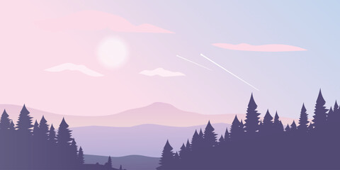 a landscape at sunset. In the foreground you can see the silhouette of a forest with spruce trees, and behind - hilly mountains that gradually disappear in a light fog.