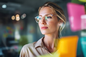 A thoughtful woman wearing glasses looks away, surrounded by colorful sticky notes in a blurred office setting.