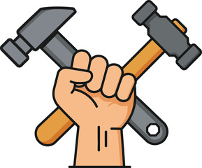 Hand Firmly Gripping Two Hammers Claw Hammer and BallPeen Hammer.