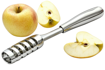 The gleam of easy apple prep A shiny metal corer ready to make healthy snacking a breeze on transparent background
