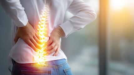 A person holding their lower back in pain with a glowing spine illustration highlighting discomfort or spinal issues.