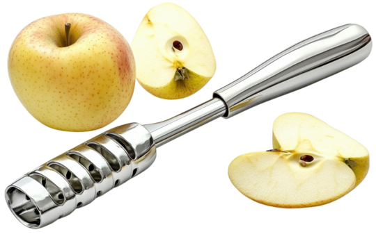 The gleam of easy apple prep A shiny metal corer ready to make healthy snacking a breeze on transparent background