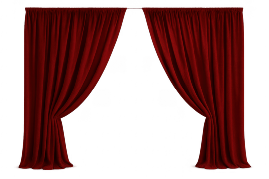Red theater curtains framing transparent background with space for text