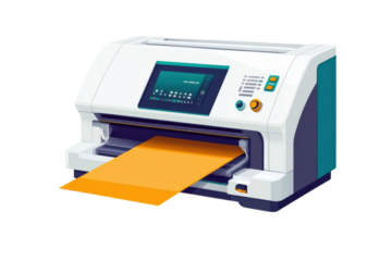 An animated modern printer processing a vibrant golden document signaling productivity and on transparent background