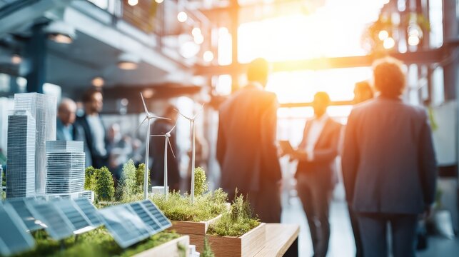 A group of business professionals discuss a sustainable urban development model with solar panels and wind turbines indoors.