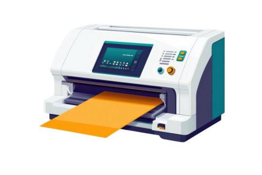 An animated modern printer processing a vibrant golden document signaling productivity and on transparent background