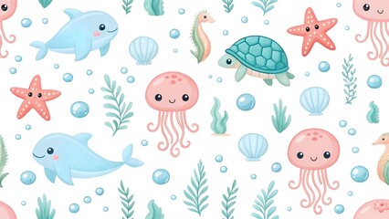 Obraz premium Cute cartoon watercolor seamless pattern of sea creatures and ocean plants