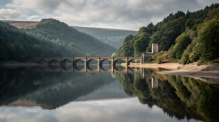 Calm Reflections And Bridge Architecture On Reservoir For Scenic Visuals