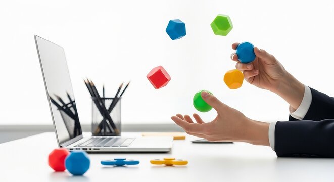 Business professional juggles colorful geometric balls at a modern office desk