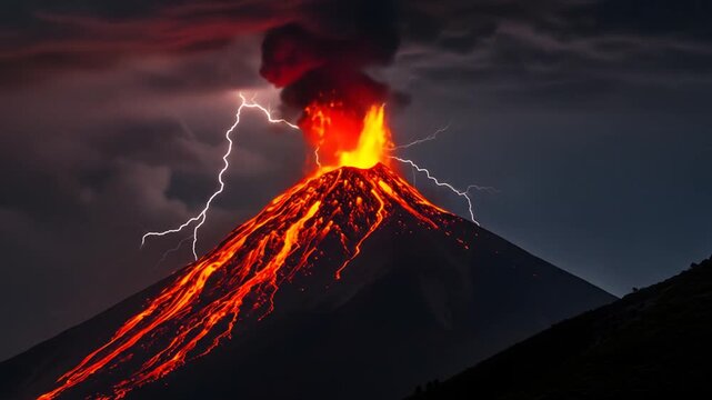 Volcano eruption at night