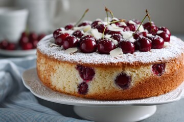 Homemade Cherry Sponge Cake with Powdered Sugar and Fresh Cherries