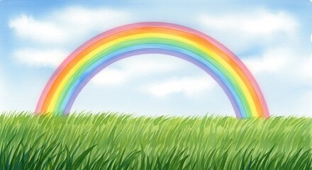 Watercolor Rainbow Over Lush Green Grass Field; Serene, Whimsical, Hopeful Spring Scene