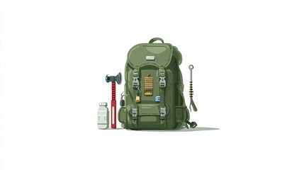Fototapeta premium Olive Green Backpack with Hiking Gear Pixel Art Illustration