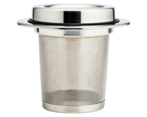 Stainless steel tea infuser basket for brewing loose leaf tea on a transparent background