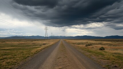 Dramatic Sky Over Rural Road with Power Lines and Mountain Background