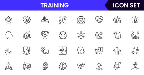 Training vector web line icon collection, sleek illustrations of guidance, teaching, support, collaboration for inspiring, educational designs.