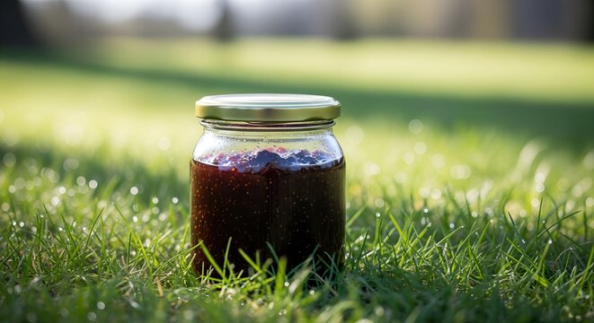  closeup view of red delicious sugared fig jam glass jar on the table