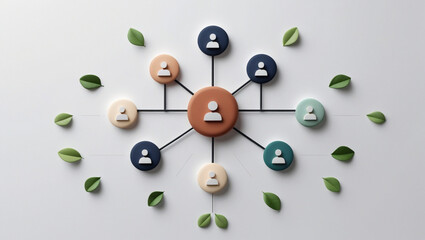 3D Minimalist Team Network Diagram with Eco Elements on White Background