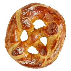 Golden-brown pretzel with coarse salt topping, featuring a classic twisted shape.