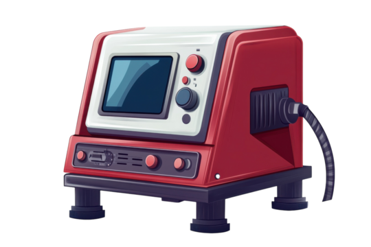 An old red laboratory machine with control knobs on a black background reminiscent of vintage on transparent background