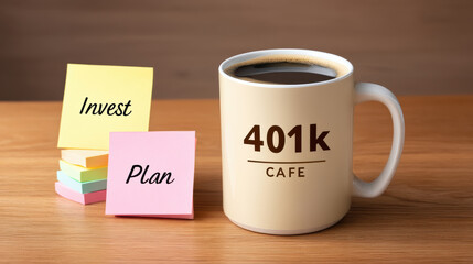 401k coffee cup with invest and plan sticky notes on wooden table for financial planning and retirement saving concept