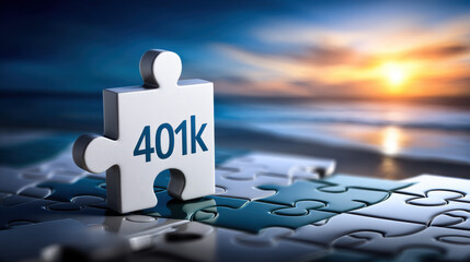 401k puzzle piece standing out on assembled jigsaw with ocean sunset background symbolizing retirement planning and financial future