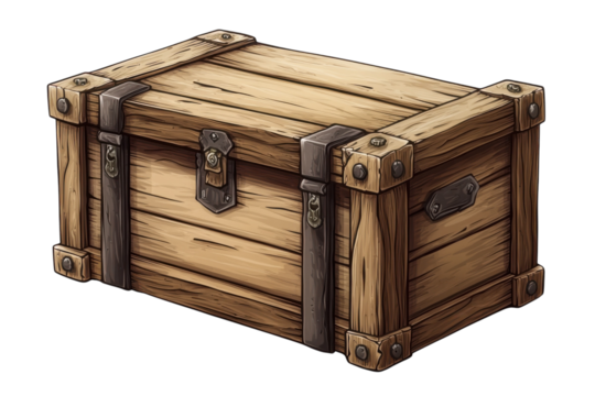 An old wooden chest weathered by time holds secrets and memories of untold adventures on black on transparent background