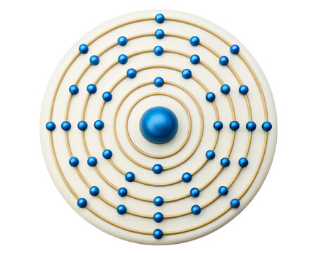 The atomic structure model shows the nucleus and orbiting electrons on a transparent background