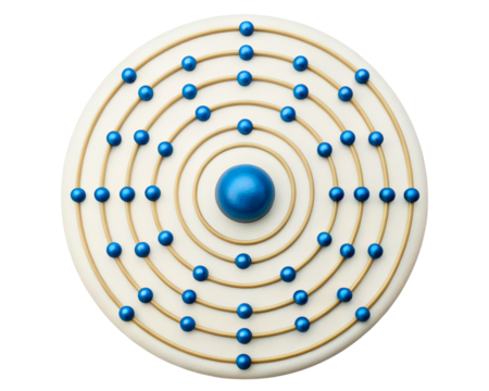 The atomic structure model shows the nucleus and orbiting electrons on a transparent background