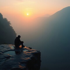Obraz premium Solitary Hiker on a Hilltop in Mist