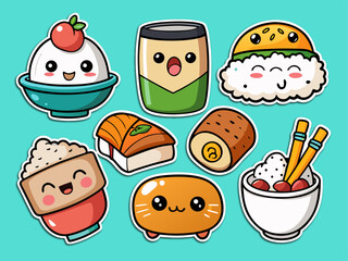 Cute Kawaii Sushi and Japanese Food Sticker Set on a Blue Background