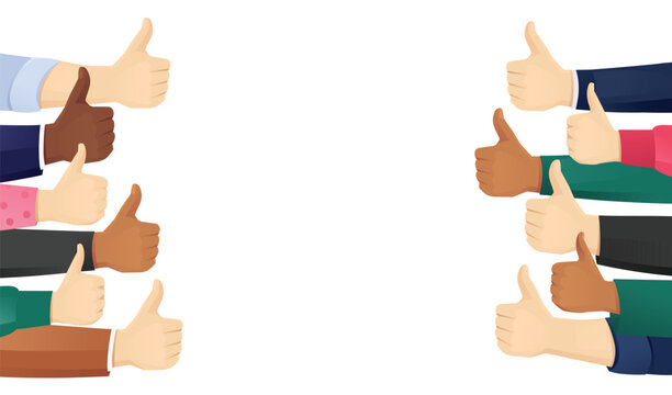 Male and female hands show thumbs up, approval gesture from two sides. Isolated vector illustration background