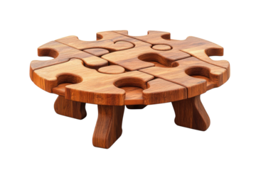 Crafted wooden jigsaw coffee table symbolizing unity connection and collaboration in interior on transparent background