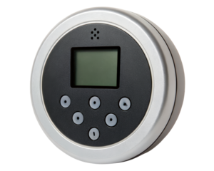Round digital climate control panel with screen and buttons on a transparent background