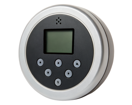 Round digital climate control panel with screen and buttons on a transparent background