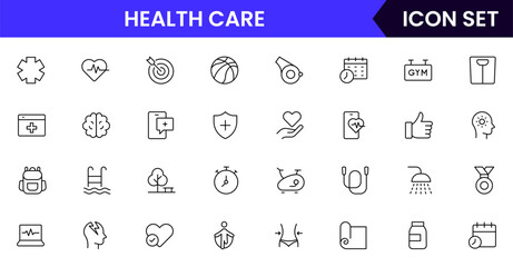 Health and Fitness vector web line icon collection, sleek illustrations of weights, heart monitors, yoga, wellness for active designs. 
