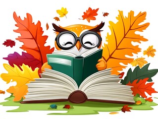 Obraz premium A cartoon owl wearing glasses reads a book amongst autumn leaves