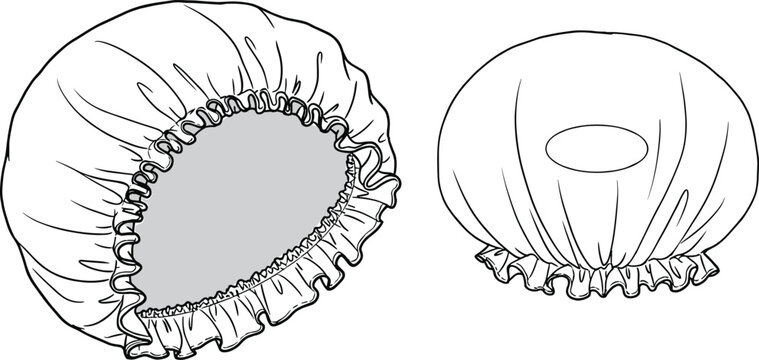 Elastic shower cap fashion technical flat sketch, reusable hair bonnet with ruffled edge, protective headwear design, cad drawing flat vector illustration