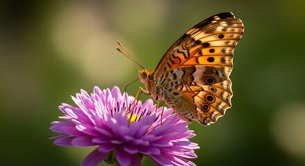Obraz premium Golden-hued butterfly delicately perched on a vibrant purple aster, bathed in soft sunlight; serene nature scene.