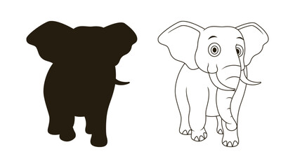 Cartoon elephant silhouette and outline drawing facing forward