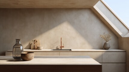Matte sand and cream kitchen with skylight glow and warm daylight shadowing, on glass carafe and copper tap, ambient