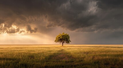 Nature landscape with a lone tree in a wide open grassland under dramatic clouds