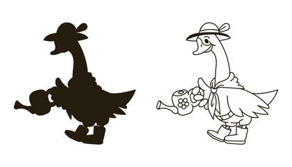 Cartoon goose wearing a hat and boots holding a watering can