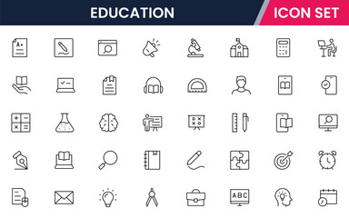 Vector line icon collection showcasing educational elements, including books, graduation caps, pencils, online learning, and classrooms, ideal for schools, e-learning, and academic platforms.