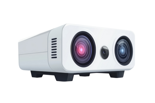 Illuminating the Future A sleek white projector showcasing vibrant colors with dual lenses on on transparent background